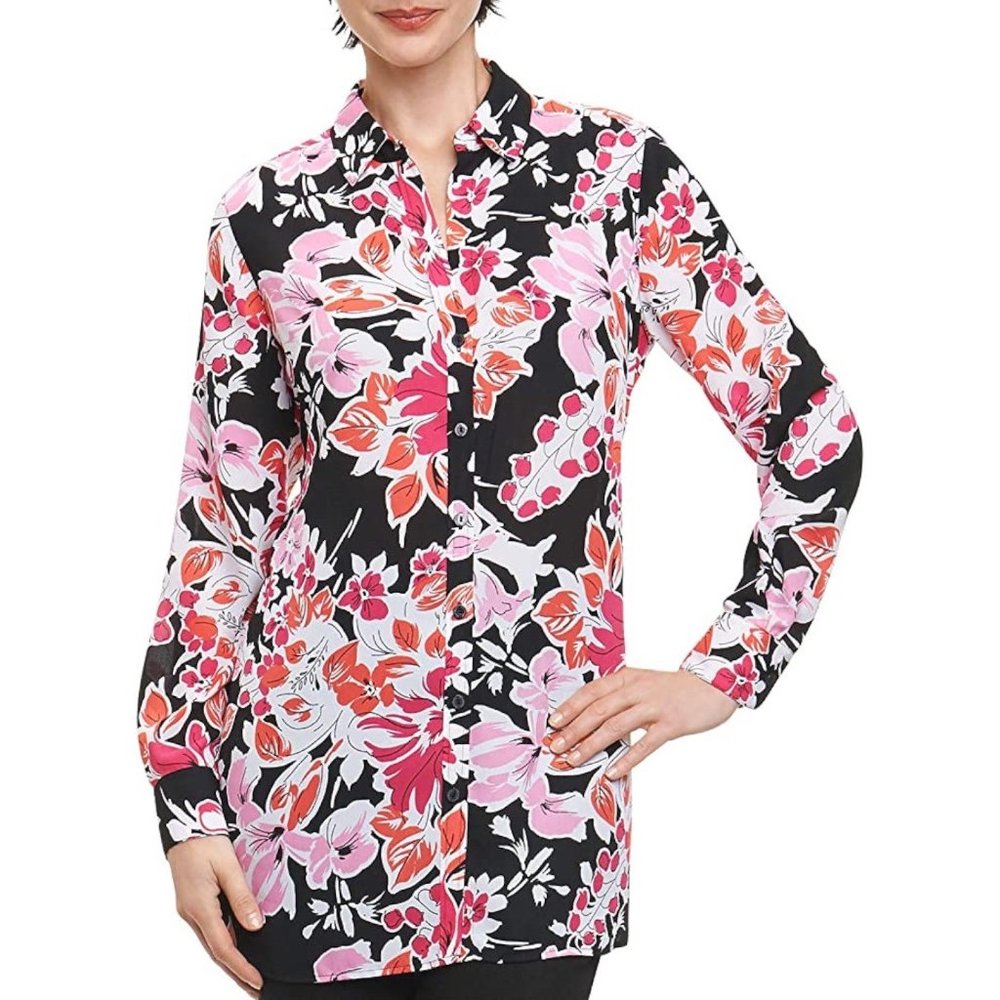 Foxcroft NEW Blooming Black & Pink Floral Long Sleeve Tunic Top Shirt, Size 4